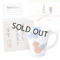 百寿 お祝い 100歳 プレゼント マグカップ 無病息災を願った縁起物ギフト 有田焼 鍋島六瓢 赤 百寿熨斗・メッセージカード付き 木箱入り