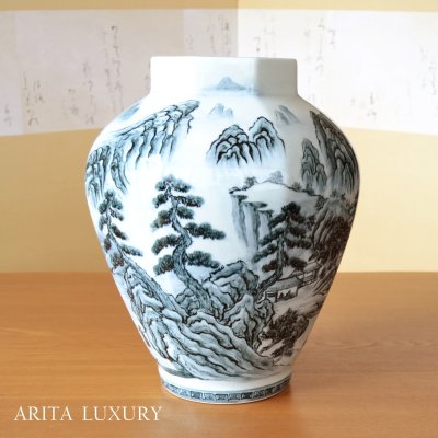 画像1: 大作 古代山水 面取り大花瓶 真右エ門窯 初代 真右衛門 作