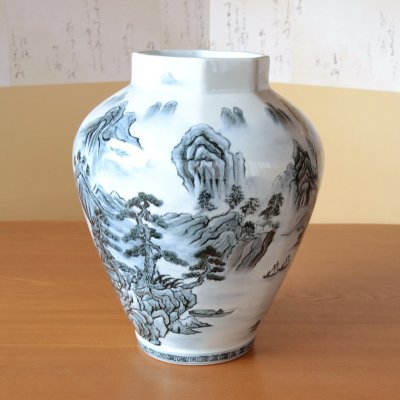 画像2: 大作 古代山水 面取り大花瓶 真右エ門窯 初代 真右衛門 作