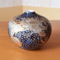 鉄釉 プラチナ彩 龍絵 小花瓶 藤井錦彩 作