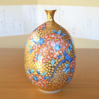 画像2: 黄金桜絵 花瓶 藤井錦彩 作