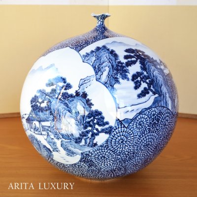 画像1: 大作 染付蛸唐草 間取山水絵 大壷 藤井錦彩 作