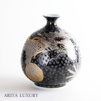 鉄釉龍絵 小花瓶 藤井錦彩 作