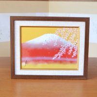 赤富士桜図 陶額 （中） 壁掛け飾り 金龍窯 作