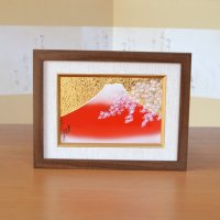 金彩赤富士桜図 陶額 （小） 壁掛け飾り 金龍窯 作