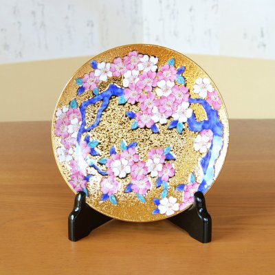 画像1: 金彩桜 飾り皿 皿立付き 金龍窯 作