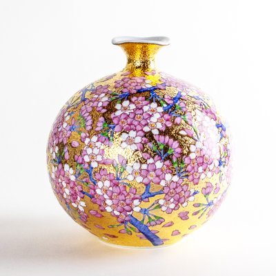 画像2: 金彩桜花鳥図 花瓶 金龍窯 作