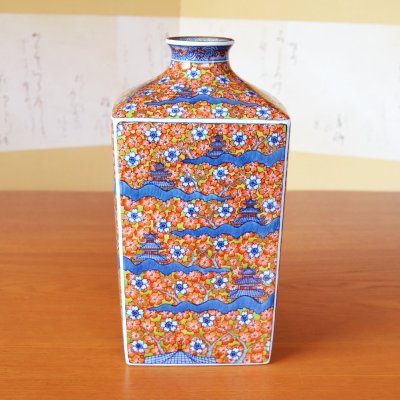 画像2: 大作 染錦桜閣 四角花瓶 笠原虹彩 作