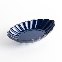 群青　菊彫楕円鉢