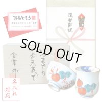 名入れ 還暦のお祝い 無病息災を願った縁起物ギフト 有田焼 湯呑み 茶碗 飯碗 セット 鍋島六瓢 赤 メッセージカード付き・還暦のし付き 木箱入り
