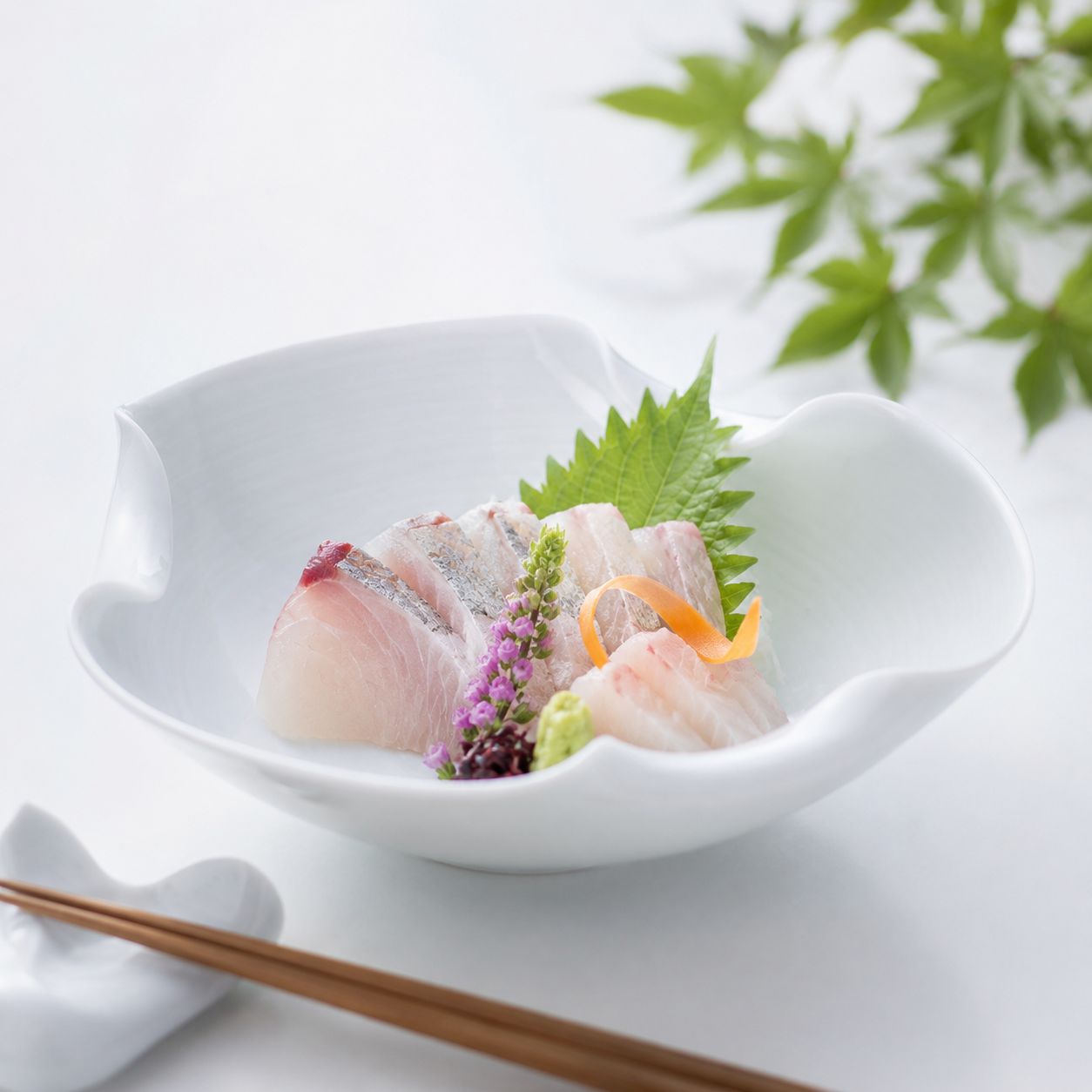 白磁の鉢に刺身を盛り付けた使用シーン