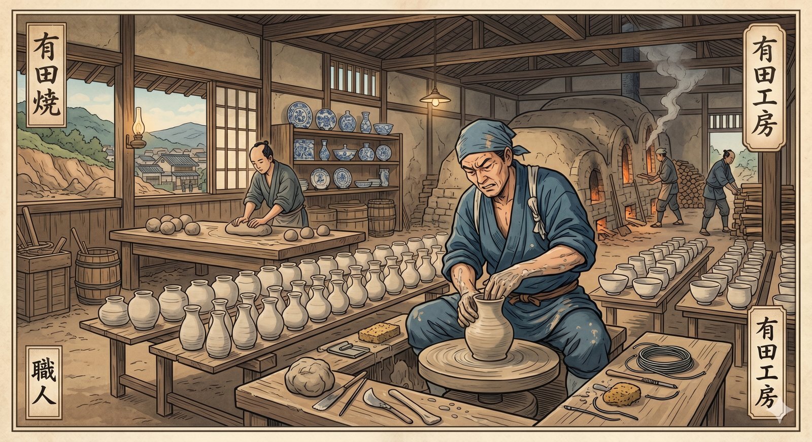 江戸時代の有田焼工房でろくろ成形をしているイメージ
