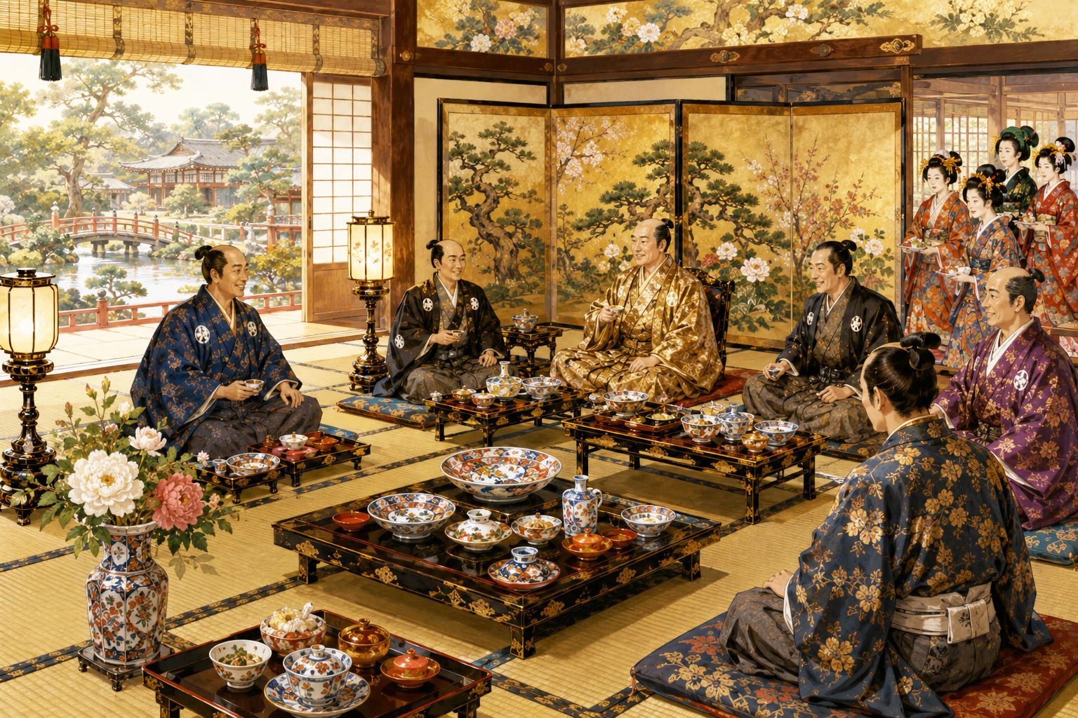 元禄時代の豪華な宴席に古伊万里様式の器が並ぶイメージ