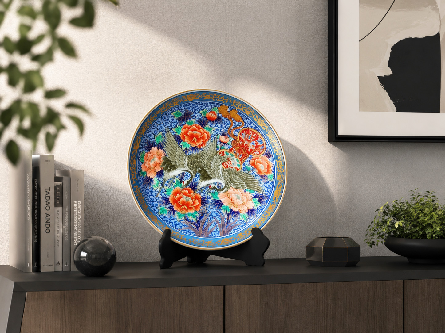 古伊万里様式の飾り皿を現代的な室内に飾った使用シーン