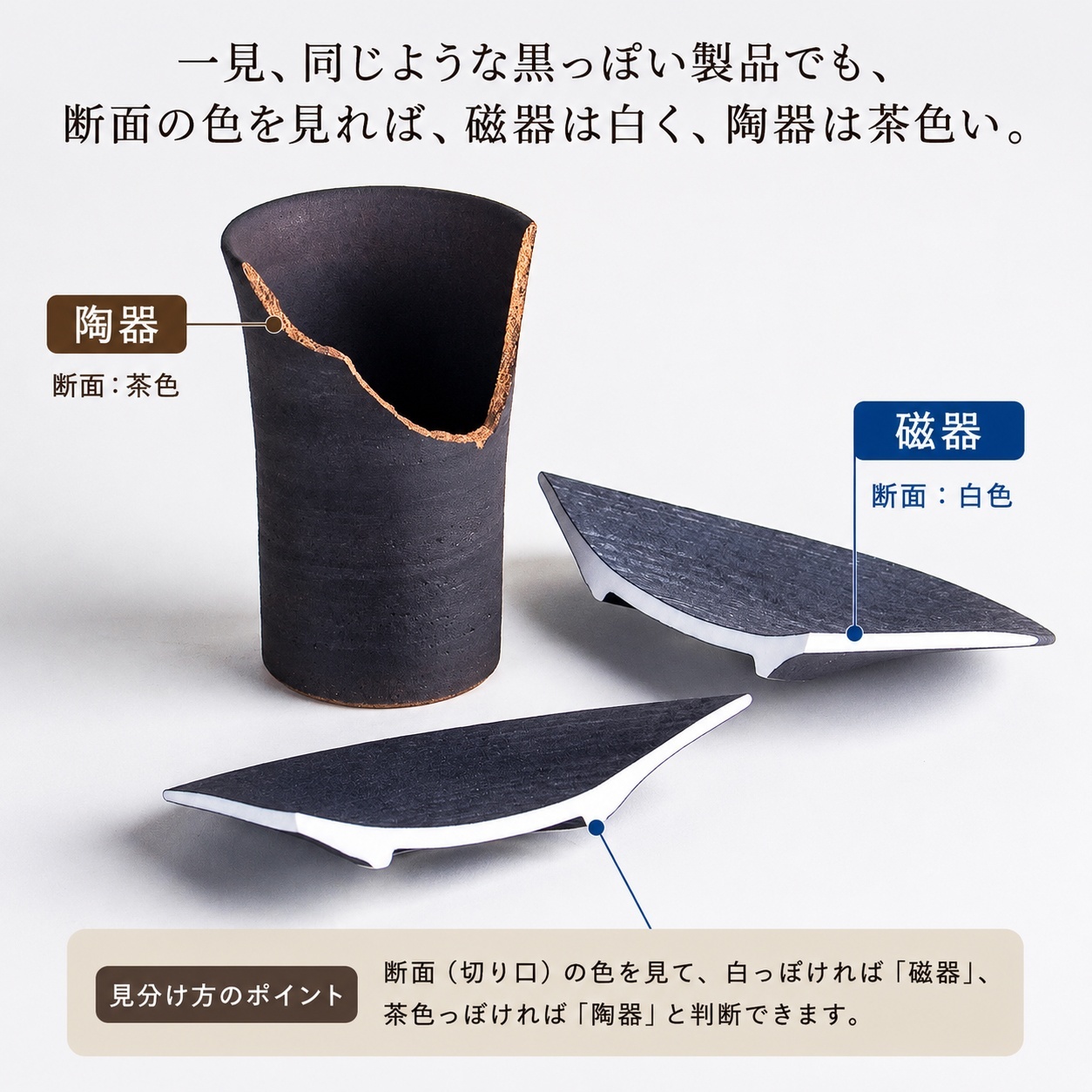 磁器と陶器の割れた断面の比較