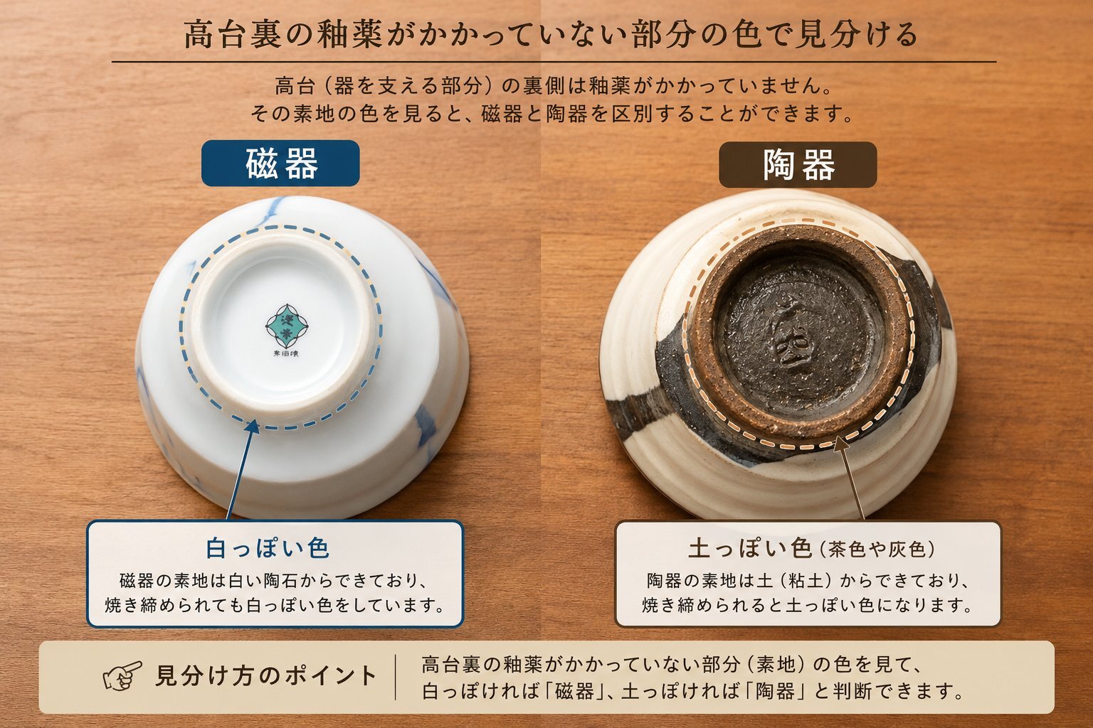 磁器と陶器の高台裏の比較画像