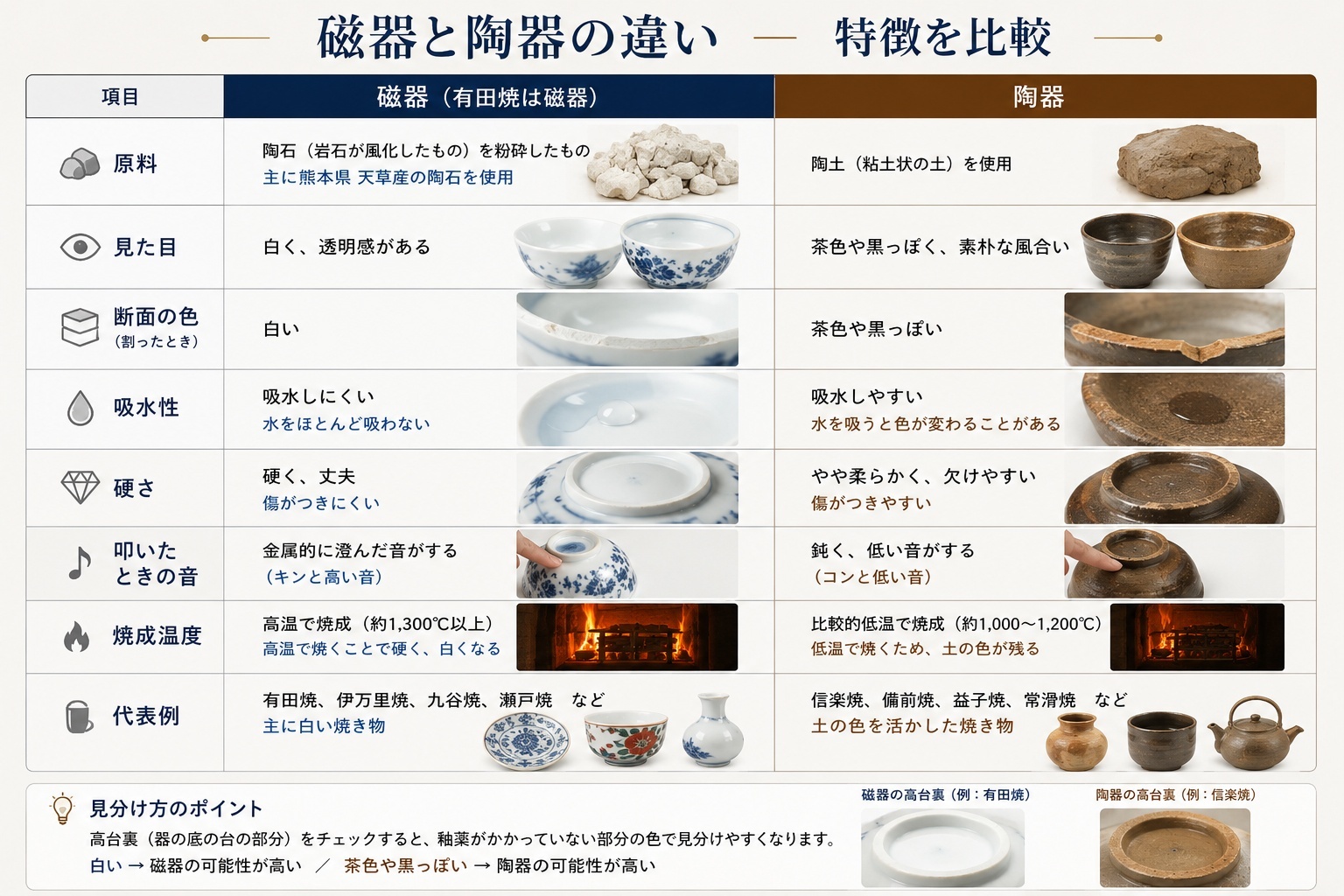 磁器と陶器の違いを比較した表