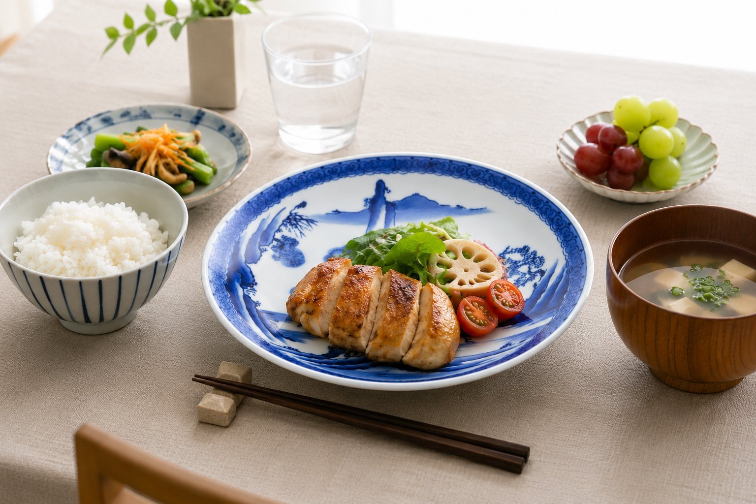 山水の染付皿を現代の食卓で使っているイメージ