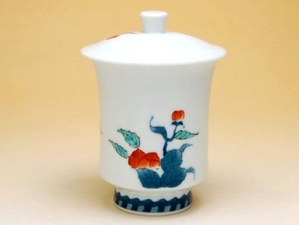 画像2: 色鍋島内山水岩牡丹（小）蓋付湯呑 (2)