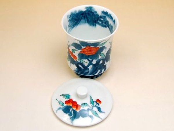 画像3: 色鍋島内山水岩牡丹（小）蓋付湯呑 (3)