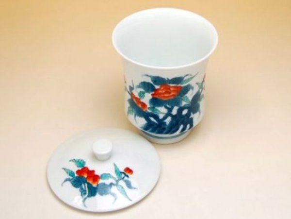 画像2: 【名入れ・名前入り】色鍋島岩牡丹 (特大)蓋付湯呑(木箱入) (2)