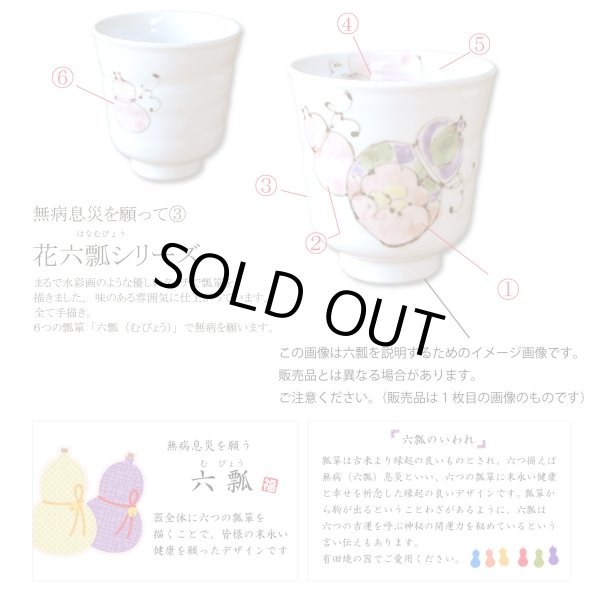 画像6: 名入れ 古希 プレゼント 無病息災を願った縁起物ギフト 有田焼 湯呑み 花六瓢 赤 メッセージカード付き・古希のし付き 木箱入り (6)