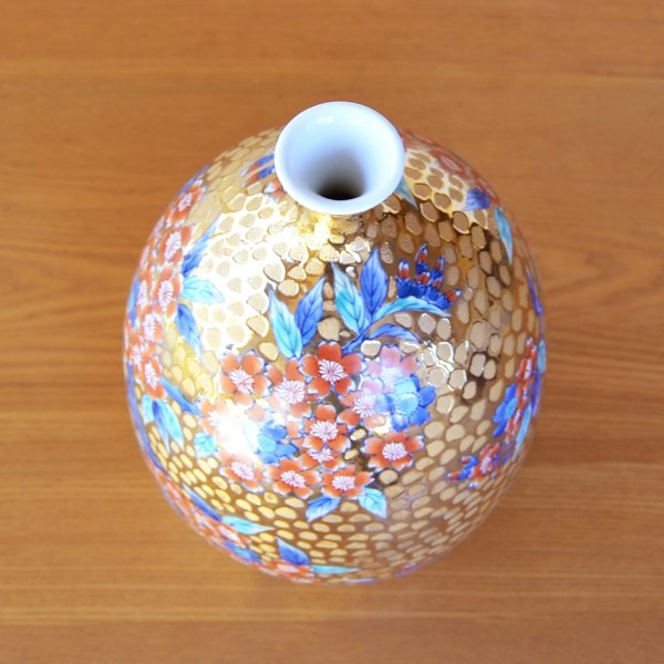 画像5: 黄金桜絵 花瓶 藤井錦彩 作 (5)