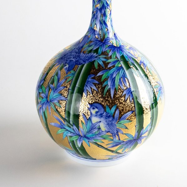 画像3: 金彩竹雀 鶴首花瓶 金龍窯 作 (3)