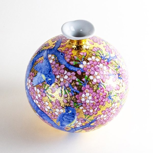 画像3: 金彩桜花鳥図 花瓶 金龍窯 作 (3)