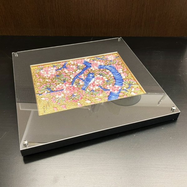 画像2: 金彩桜花鳥 陶額 金龍窯 作 (2)