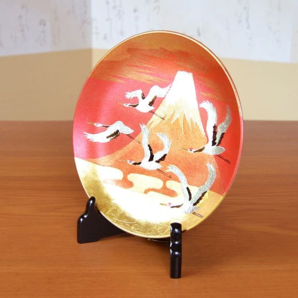 画像3: 金箔 富士山と鶴絵 6寸飾り皿(19cm) 琥山窯 小野達郎 作 (3)