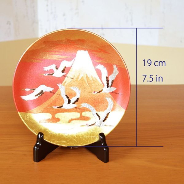 画像6: 金箔 富士山と鶴絵 6寸飾り皿(19cm) 琥山窯 小野達郎 作 (6)