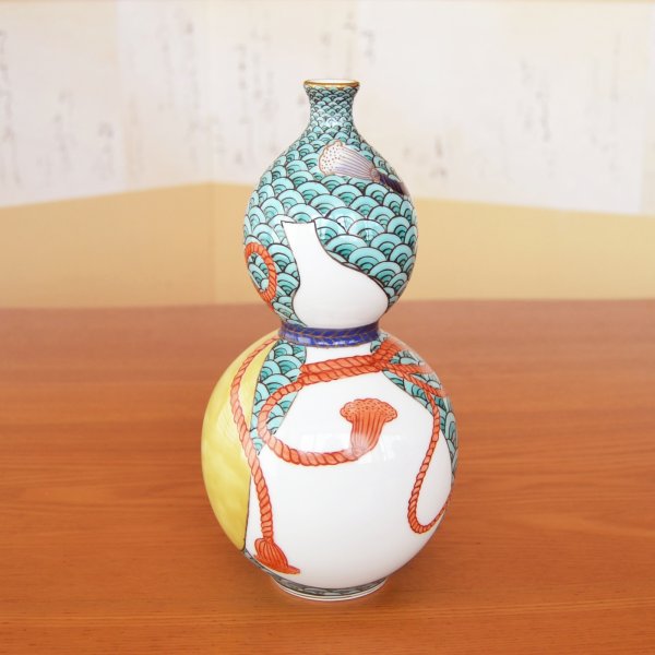 画像2: 緑彩青海波 瓢型花瓶 北村福次 作 (2)