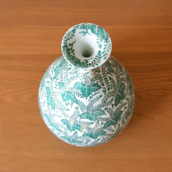 画像2: 緑彩桐絵 鶴首花瓶 北村福次 作 (2)