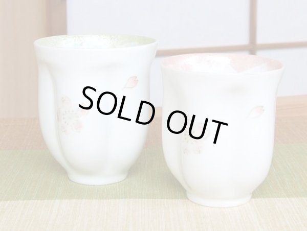 画像2: 舞さくら （グリーン・ピンク） 桜夫婦湯呑（木箱入） (2)