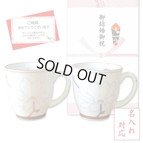 画像1: 名入れ 結婚祝い プレゼント 有田焼 マグカップ ペアー ワルツ ピンク・ブルー のし・メッセージカード付き (1)